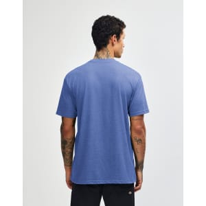 A unisex short sleeve T-shirt in blue, viewed from the back, featuring a logo on the upper back.
