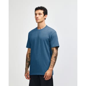 A unisex short sleeve T-shirt in a blue hue, featuring a simple design and a logo on the front.