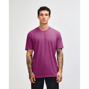 A unisex short sleeve T-shirt in vibrant pink with a simple design and a logo.