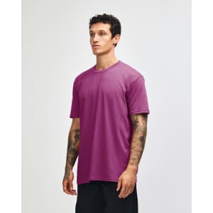 A unisex short sleeve T-shirt in vibrant pink, featuring a simple design and a small logo.