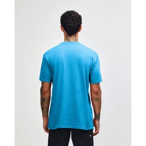 A unisex short sleeve T-shirt in bright blue with a plain back and a logo.
