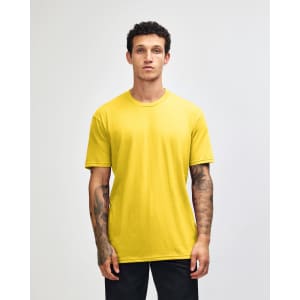 A yellow unisex short sleeve t-shirt displayed on a model, featuring a logo.