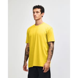 A unisex short sleeve t-shirt in bright yellow, featuring a relaxed fit and a logo.