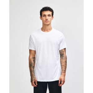 A unisex short sleeve T-shirt in white, featuring a classic fit and a logo.