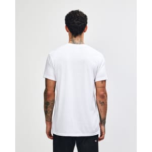 A unisex short sleeve T-shirt in white, featuring a simple design and a logo on the back.