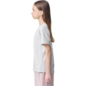 A grey youth t-shirt displayed on a model from the side, featuring short sleeves and a simple design.
