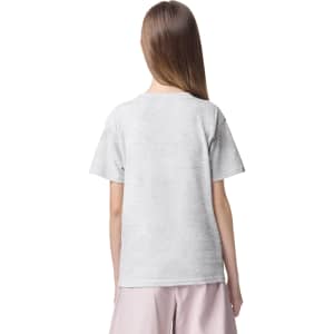 A light grey youth t-shirt displayed from the back, featuring a logo.