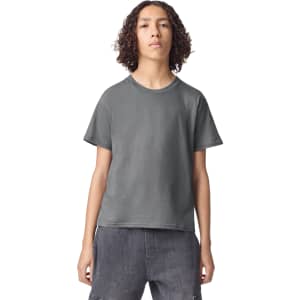 A grey youth t-shirt featuring a round neck and short sleeves, with a branding logo on the front.