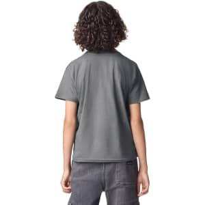 A grey fine jersey youth t-shirt featuring a logo, viewed from the back.