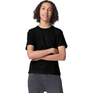 A black youth t-shirt with a crew neck and short sleeves, featuring a branding logo.