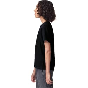 A black youth t-shirt displayed from the side, featuring a simple design and a logo.