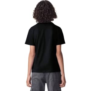 A black youth T-shirt featuring short sleeves and a round neckline, with a logo on the back.