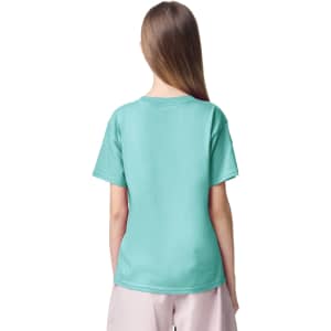 A mint green youth t-shirt featuring short sleeves and a simple design, shown from the back. It has a logo.
