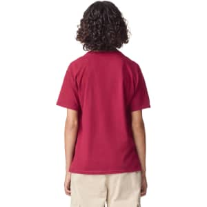 A red youth T-shirt featuring a back view, with a simple design and a logo on the label.