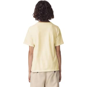 A yellow youth t-shirt with a simple design, featuring a logo on the back.
