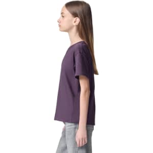A youth T-shirt in deep purple, featuring a simple design and a logo on the front.