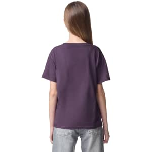 A purple youth t-shirt featuring a simple design and a logo on the back.