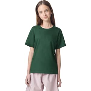 A green youth t-shirt featuring a simple design and short sleeves, with a branded label.