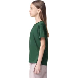 A youth t-shirt in dark green, featuring a crew neck and short sleeves, displayed on a model from the side.