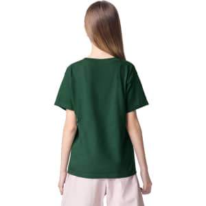 A green youth T-shirt featuring a plain design, viewed from the back with short sleeves.