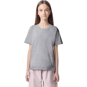 A youth t-shirt in grey, featuring a classic crew neckline and short sleeves. It has a logo on the front.