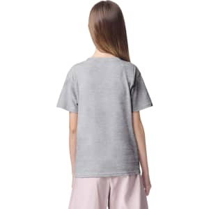 A grey youth t-shirt with short sleeves and a logo on the back.