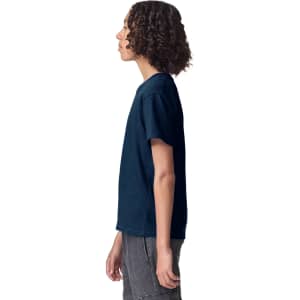 A side view of a navy blue youth T-shirt, featuring a simple design and a short sleeve style.