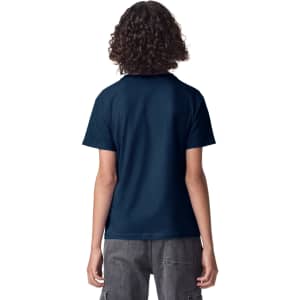 A youth t-shirt in navy blue, featuring a classic crew neck and short sleeves, with a plain back.