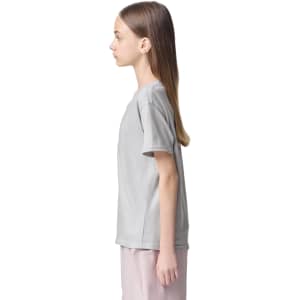 A grey youth T-shirt displayed on a model from the side, featuring a simple design and short sleeves.
