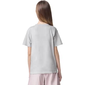A grey youth t-shirt featuring a simple design and short sleeves, with a logo on the back.
