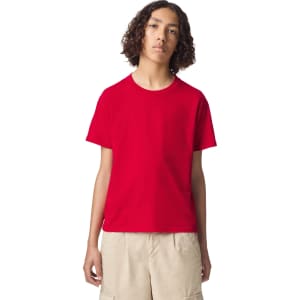 A bright red youth t-shirt with a round neckline and short sleeves, featuring a logo on the front.