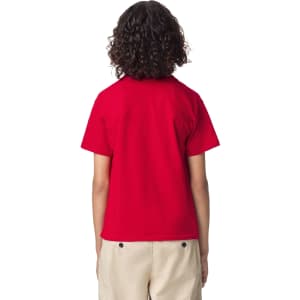 A red youth t-shirt with a round neck and short sleeves, featuring a logo on the back.