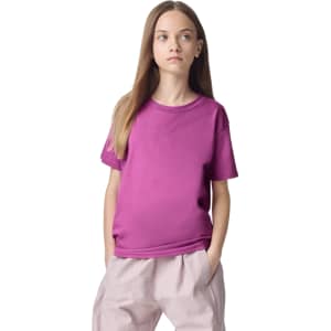 A youth t-shirt in a vibrant pink colour, featuring a classic design and a logo on the front.