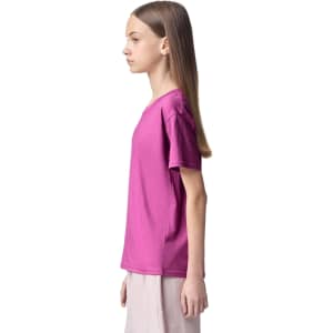 A youth T-shirt in vibrant pink, featuring short sleeves and a crew neck, displayed on a model in profile.