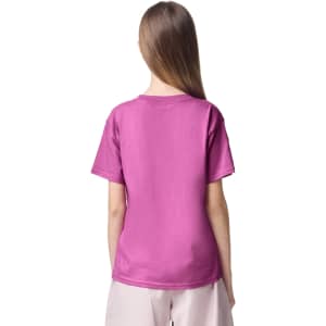 A pink youth t-shirt with short sleeves and a plain back, featuring a logo on the upper back.