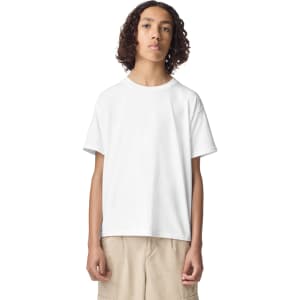A white youth t-shirt with a standard fit and short sleeves, featuring a brand logo.