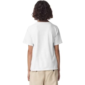 A white youth t-shirt featuring a back view and a logo. The fabric appears to be fine jersey.