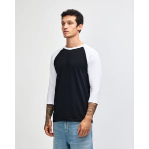 A black and white unisex raglan T-shirt featuring a logo. The shirt has three-quarter sleeves and a round neckline.