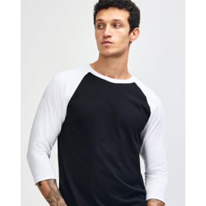 A unisex raglan t-shirt featuring a black body and white sleeves, designed with a logo.