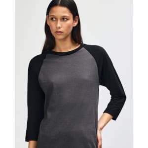 A grey and black unisex raglan t-shirt featuring three-quarter sleeves and a soft fabric texture.