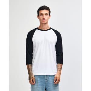 A unisex raglan T-shirt featuring a white body and black sleeves. It has a logo on the front.