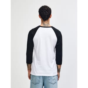 A unisex raglan T-shirt with white body and black sleeves, featuring a back view and a logo.