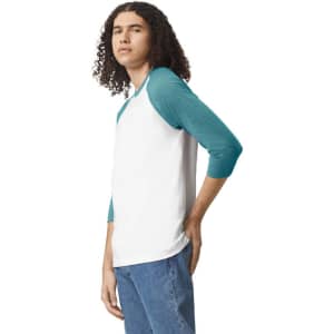 A unisex raglan T-shirt featuring a white body with teal three-quarter sleeves, showcasing a branding logo.