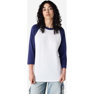 A unisex raglan T-shirt in white with navy blue sleeves, featuring a logo on the front.