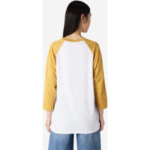 A unisex raglan T-shirt in white with yellow sleeves, featuring a logo on the back.