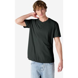 A dark green unisex Henley T-shirt with short sleeves, featuring a crew neck and a logo.