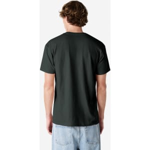 A unisex henley T-shirt in a dark green colour, featuring a simple design and a logo on the back.