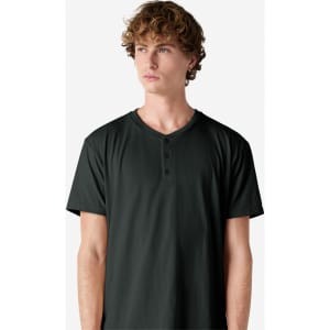 A unisex black henley t-shirt featuring a buttoned neckline and short sleeves. The shirt includes a logo.