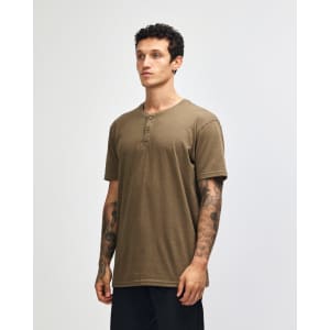 A unisex henley T-shirt in a muted brown colour, featuring a round collar and three-button placket.