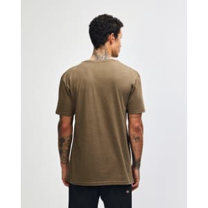 A unisex Henley T-shirt in brown, featuring a logo, viewed from the back.